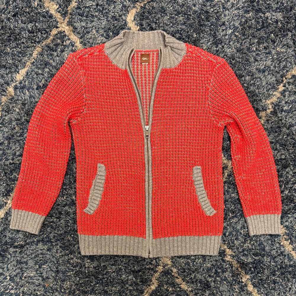 Tea Collection knit Red and Gray Kids zip cardigan/sweater size 10
